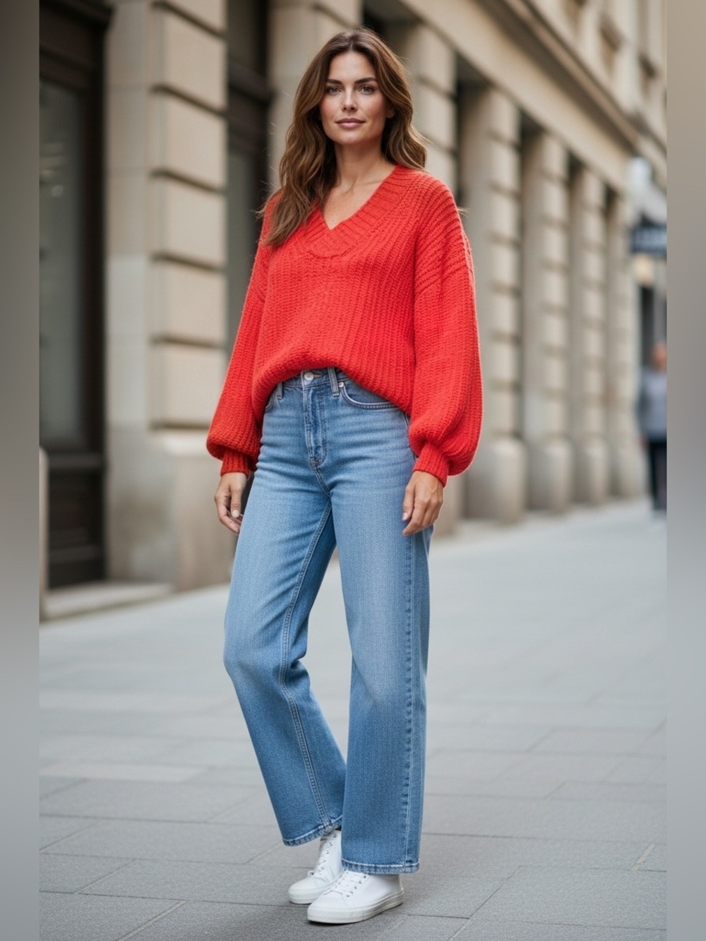 Anthropologie Honore Ribbed Knit V-Neck Sweater Coral Red/Orange Slouchy